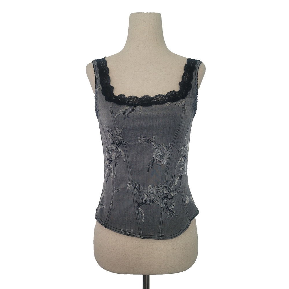 Vintage Y2K Arianne Lace Trim Floral Corset Tank Top Sz M Gray Grunge Whimsigoth - Picture 1 of 8